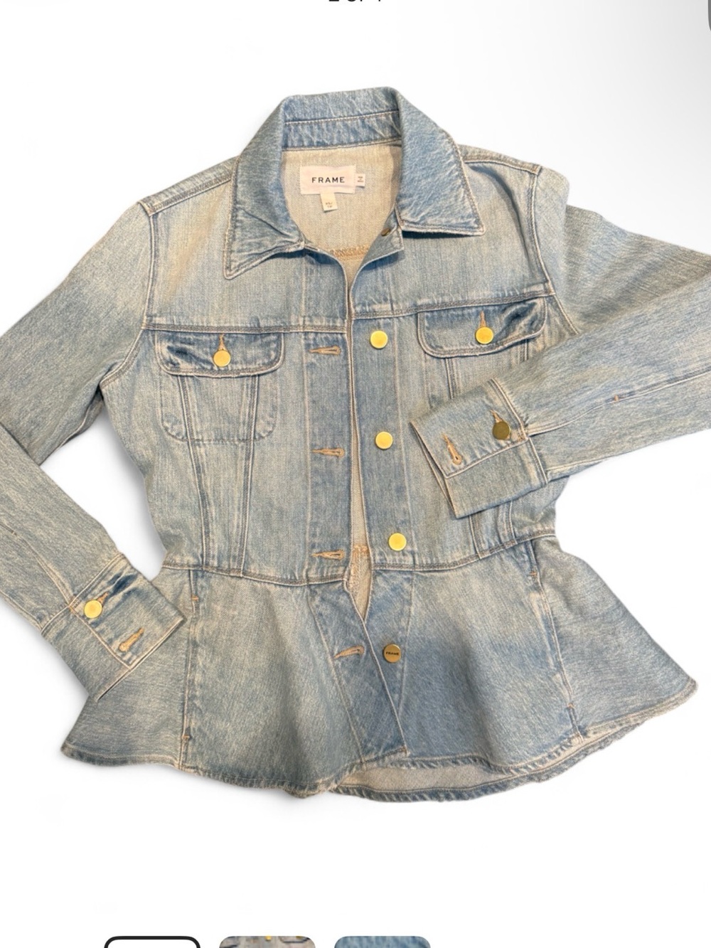 Frame Denim Light Blue Peplum Jean Jacket with Gold Buttons